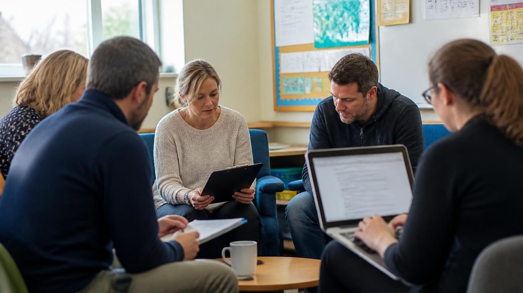 Staff members gathered in a bright room for a collaborative workshop planning session or school staff meeting